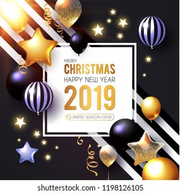 Happy New 2019 Year! Shining Greeting Card with Realistic Glossy Balloons and Serpentine. Vector illustration