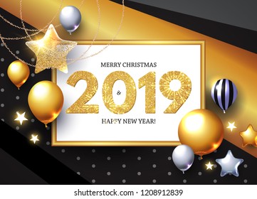 Happy New 2019 Year! Shining Greeting Card with Realistic Glossy Balloons with Serpentine. Vector illustration