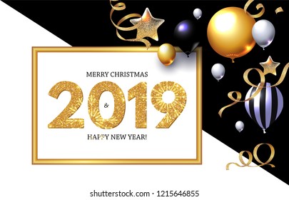 Happy New 2019 Year! Shining Greeting Card with Realistic Glossy Balloons with Serpentine. Vector illustration