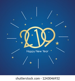Happy New 2019 Year shining numbers background. Christmas celebration card gold decoration.