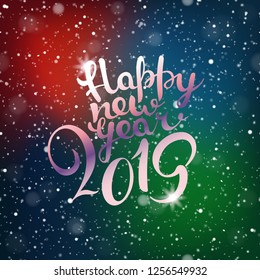 Happy new 2019 year. Snowfall composirion with color lights