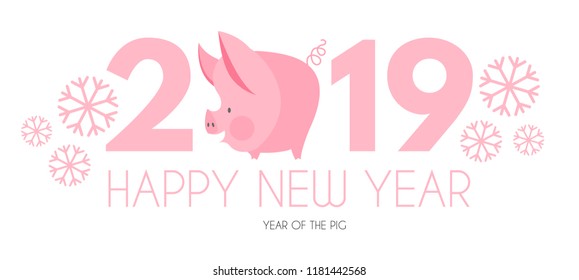 Happy New 2019 Year Template with Cartoon Pig Character. vector illustration
