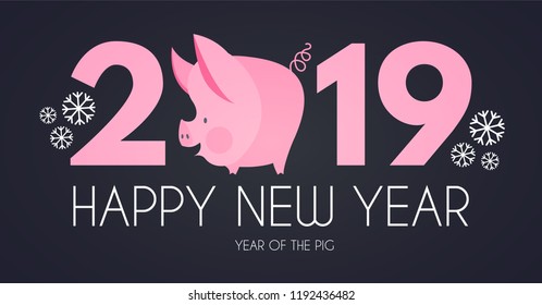 Happy New 2019 Year Template with Cartoon Pig Character. vector illustration