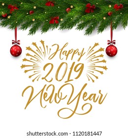Happy new 2019 year. Vector new year holiday illustration with christmas tree and decorations
