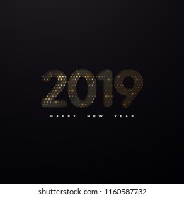 Happy New 2019 Year. Vector holiday illustration. Black papercut decoration. 2019 numbers textured with golden glittering halftone pattern. Festive banner design