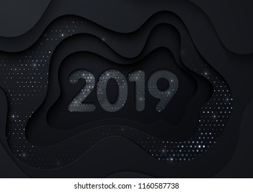 Happy New 2019 Year. Vector holiday illustration. Black papercut decoration. 2019 digits textured with paper layers and silver glittering halftone pattern. Topography relief. Banner design