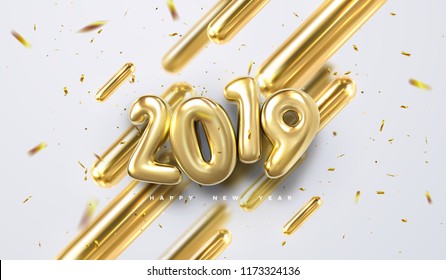 Happy New 2019 Year. Vector holiday illustration of golden 3d geometric primitives and 2019 bubble numbers. Festive sing with sparkling confetti glitters. Trendy cover design