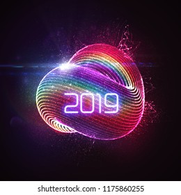 Happy New 2019 Year. Vector holiday illustration of glowing neon 2019 sign and shiny abstract luminous iridescent shape with splash of particles. NYE party invitation design element