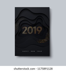 Happy New 2019 Year. Vector holiday illustration. Black papercut decoration. 2019 numbers textured with paper layers and golden glitters. Topography relief. Banner design. Cover template