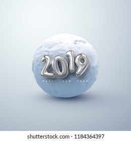 Happy New 2019 Year. Vector illustration of silver 2019 numbers and realistic snow ball. Decorative winter element. Frozen cold sphere. Festive new year holiday ornament