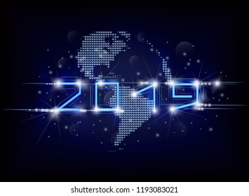 Happy New 2019 Year. Vector holiday illustration of glowing blue neon 2019 sign with lens flare light effect and abstract globe earth.