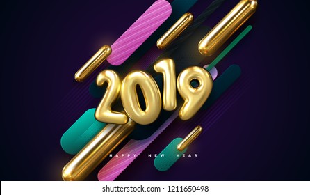 Happy New 2019 Year. Vector holiday illustration of colorful 3d geometric primitives and 2019 golden bubble numbers. Festive sing. Trendy cover design