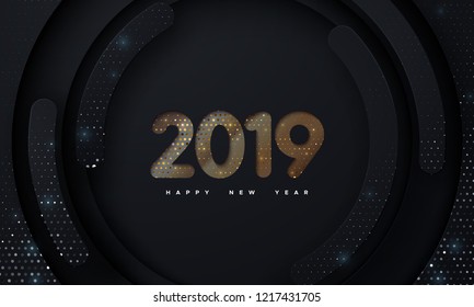 Happy New 2019 Year. Vector holiday illustration. Black papercut decoration. 2019 digits textured with paper layers and sparkling glitters pattern. Topography relief. Banner design