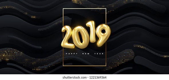 Happy New 2019 Year. Vector holiday illustration of golden numbers on black wavy strokes background textured with glittering particles