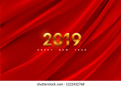 Happy New 2019 Year. Vector holiday illustration of golden numbers on red draped fabric background. Festive event banner. Decoration element for poster or cover design