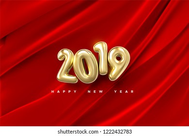 Happy New 2019 Year. Vector holiday illustration of golden numbers on red draped fabric background. Festive event banner. Decoration element for poster or cover design