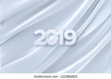 Happy New 2019 Year. Vector holiday illustration of paper cut numbers on white draped fabric background. Festive event banner. Decoration element for poster or cover design