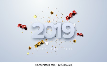 Happy New 2019 Year. Vector holiday illustration of paper cut numbers with sparkling confetti particles, golden stars and streamers. Festive event banner. Decoration element for poster or cover design