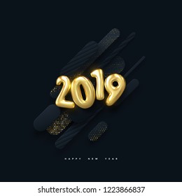 Happy New 2019 Year. Vector holiday illustration. Golden numbers on black paper shapes background textured with glittering particles. Layered papercut decoration. Festive banner template