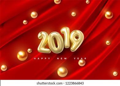 Happy New 2019 Year. Vector holiday illustration of golden numbers on red draped fabric background with shiny spheres or pearls. Festive event banner. Decoration element for poster or cover design