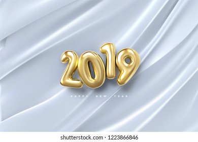 Happy New 2019 Year. Vector holiday illustration of golden numbers on white draped fabric background. Festive event banner. Decoration element for poster or cover design