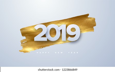  Feliz Año Nuevo 2019. Ilustración vectorial de los números de corte de papel en fondo de pintura dorada. Cartel del evento festivo. Elemento decorativo para el diseño de carteles o cubiertas