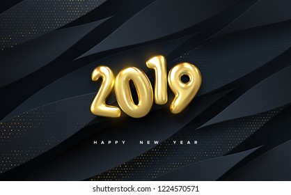 Frohes neues Jahr 2019. Vektorgrafik für Feiertage. Goldene Zahlen auf schwarzem Papierform, Hintergrund strukturiert mit glänzenden Teilchen. Pappverzierung mit geschliffenem Papierschnitt. Fest-Banner-Vorlage