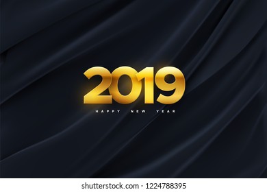 Happy New 2019 Year. Vector holiday illustration of golden numbers on black draped fabric background. Festive event banner. Decoration element for poster or cover design