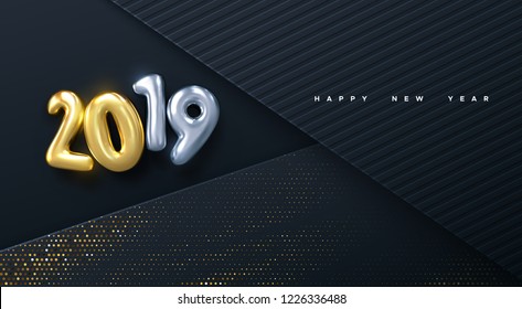 Happy New 2019 Year. Vector holiday illustration. Golden numbers on black paper layers background textured with glittering particles. Layered papercut decoration. Festive banner template