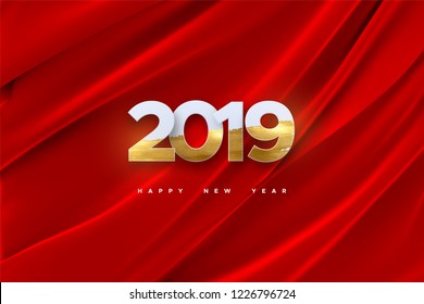 Happy New 2019 Year. Vector holiday illustration of paper cut numbers textured with golden paint on white draped fabric background. Festive event banner. Decoration element for poster or cover design