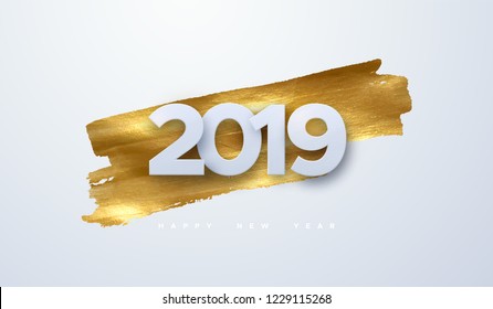 Feliz Ano Novo 2019. Ilustração de férias vetorial de números de corte de papel em fundo de tinta dourada. Banner de eventos festivos. Elemento de decoração para cartaz ou design de capa