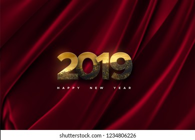 Happy New 2019 Year. Vector holiday illustration of paper cut black numbers textured with golden paint and glitters on fabric background. Festive banner. Decoration element for poster or cover design