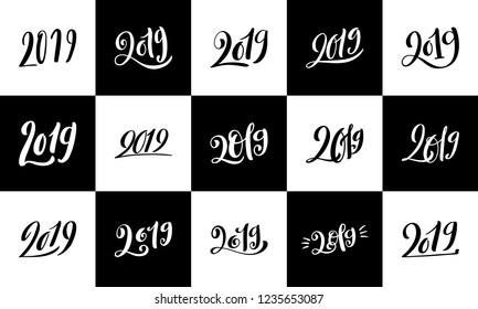 Happy New 2019 Year. Vector illustration with lettering composition. Big set of seasonal flyers and greeting cards for Christmas holydays. Vector illustration.
