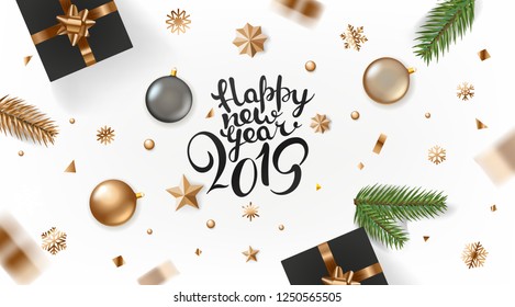 Happy new 2019 year vector greeting card. Banner with golden bauble and confetti. Top view