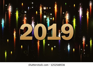 Happy New 2019 Year. Vector greeting illustration with golden christmas ball