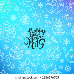 Happy new 2019 year. Vector composition with doodles