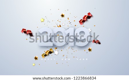 Happy New 2019 Year. Vector holiday illustration of paper cut numbers with sparkling confetti particles, golden stars and streamers. Festive event banner. Decoration element for poster or cover design