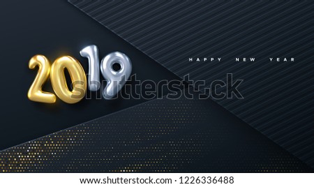 Happy New 2019 Year. Vector holiday illustration. Golden numbers on black paper layers background textured with glittering particles. Layered papercut decoration. Festive banner template