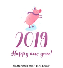 Happy new 2019 year white background isolated vector illustration with chinese symbol of year. Pink pig funny card design