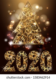 Happy new 2020 golden year, xmas tree card, vector illustration