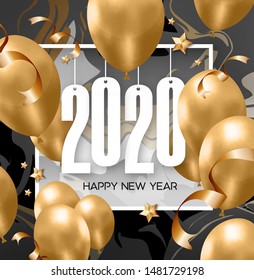 Happy new 2020 year abstract design  frame with balloons, ribbons, stars 