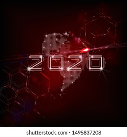 Happy New 2020 Year. Abstract Vector holiday illustration of glowing red neon 2020 sign with lens flare light effect and abstract globe earth. Technology concept 