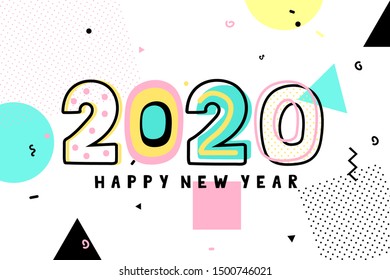 Happy New 2020 Year Background. Memphis style