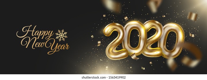 Feliz nuevo banner de 2020 con números reales de oro y confetti, tinsel. Decoración festiva de fondo oscuro. Ilustración vectorial para banner, postal, sitio web. 