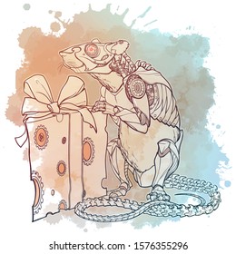 Happy New 2020 Year of biomachanical rat. Concept art for Chinese horoscope sign of a Metal Rat. Line drawing on a grunge watercolor textured spot. EPS10 vector illustration.