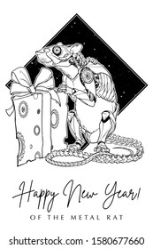 Happy New 2020 Year of biomachanical rat. Concept art for Chinese horoscope sign of a Metal Rat. Linear drawing on a Rhombus shaped patch of a starry nignt sky. Greeting card design. EPS10 vector