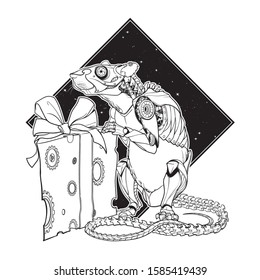 Happy New 2020 Year of biomachanical rat. Concept art for Chinese horoscope sign of a Metal Rat. Linear drawing on a Rhombus shaped patch of a starry nignt sky. EPS10 vector