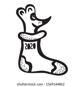 Happy new 2020 year card with sock and cute cartoon mouse. Vector illustration