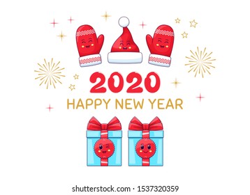 Happy New 2020 Year, Cartoon scene of Festive Greeting. Joyful holiday Composition with Text, Kawaii Mittens, Santa Claus Hat and Gift Boxes. Banner, Card, Vector illustration