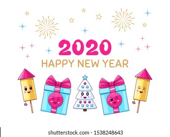 Happy New 2020 Year, Cartoon scene of Festive Greeting. Joyful holiday Composition with Text, Kawaii Fireworks, Christmas tree, Gift Boxes, on White Background. Banner, Card, Vector illustration